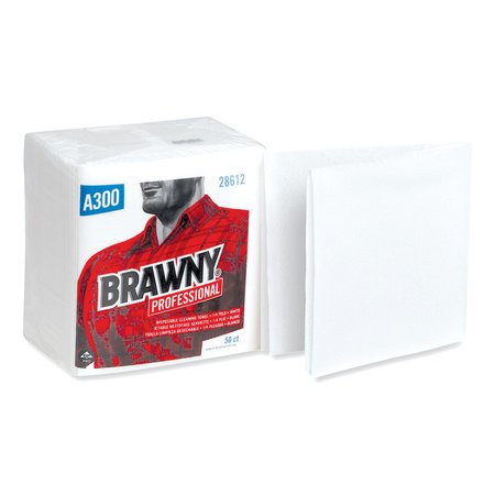 BRAWNY Professional Cleaning Towels, 1-Ply, 12 x 13, White, 50/Pack, PK12 28612